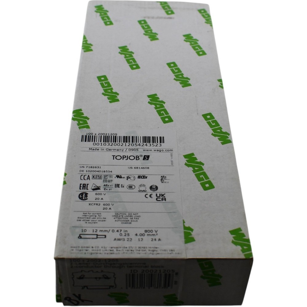 NEW Pack of 100 WAGO 2002-1205 TOPJOB S 2-Conductor Through Terminal Block