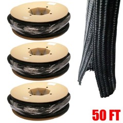 3x 50FT 1″ Self Closing Cable Sleeve Sock Wrap Braided Flexible Organizer Black