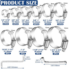 222PCS 304 Stainless Steel Hose Clamps Assortment Kit,Metal Adjustable 1/4″-2-3/