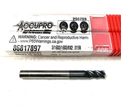 Accupro 86817897 3/16″ 4FL Corner Radius End Mill .015R Solid Carbide AlTiN NEW