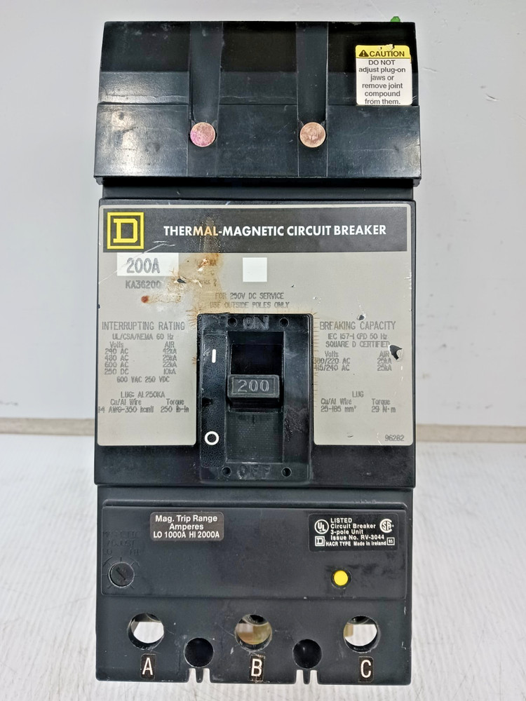 Square D 200 Amp I-Line Circuit Breaker 3 Pole 600 VAC / 250 VDC KA36200