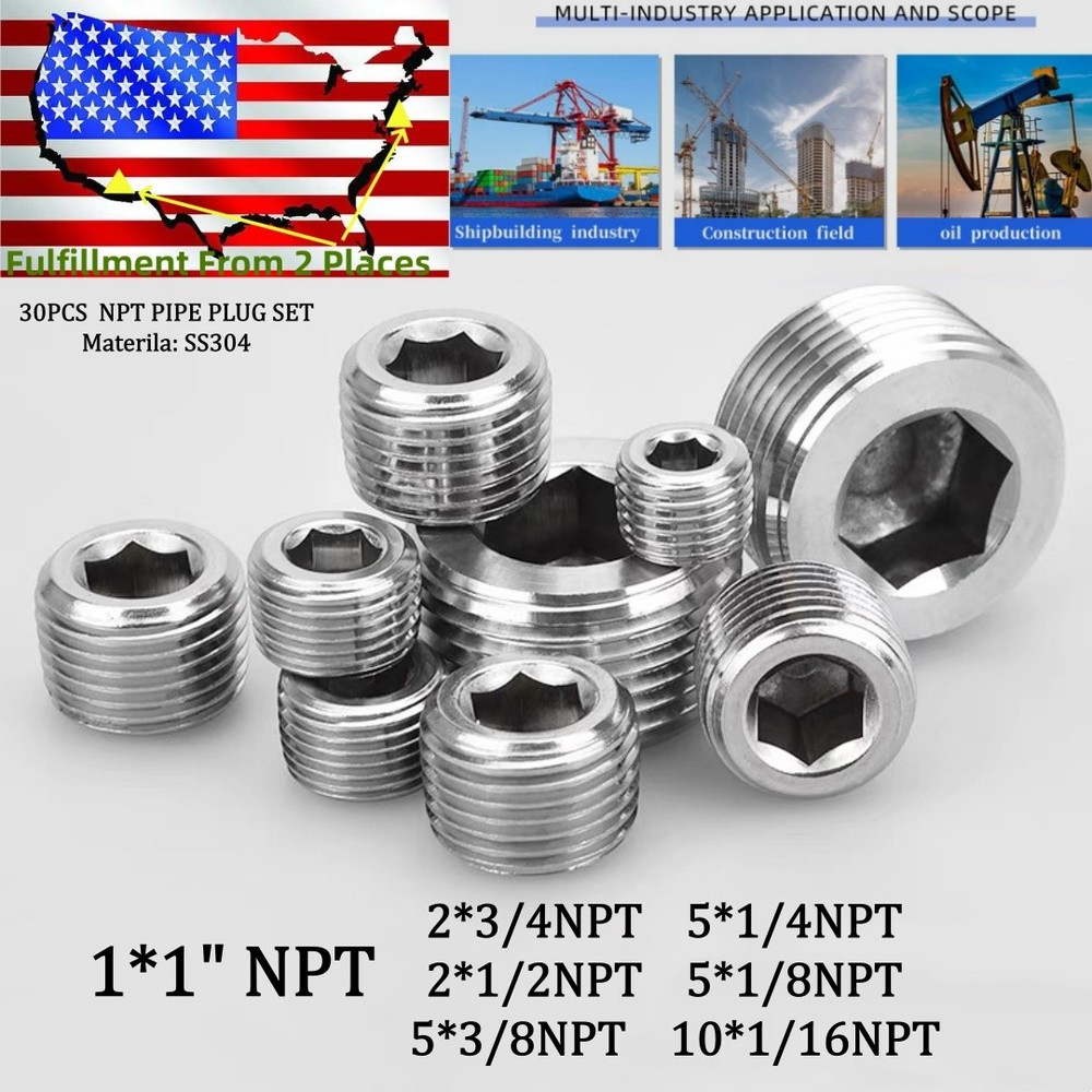 NEW 30Pcs NPT Pipe Plug Assortment Kit 1″3/4″ 1/2″ 3/8″1/4″1/8″ 1/16″ NPT Thread