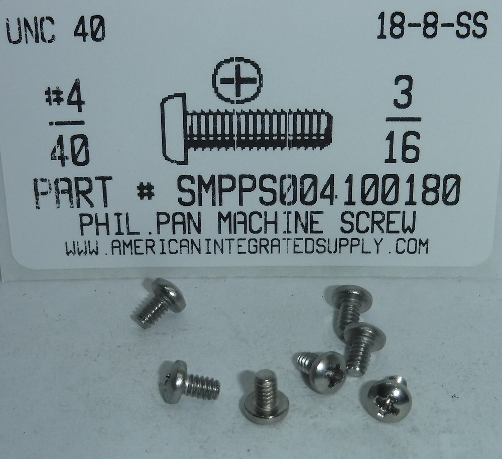 #4-40×3/16 Pan Head Phillips Machine Screws Stainless Steel (500)