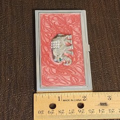 Vintage Pink Elephant Silver Card Holder Green & White Faux Diamonds