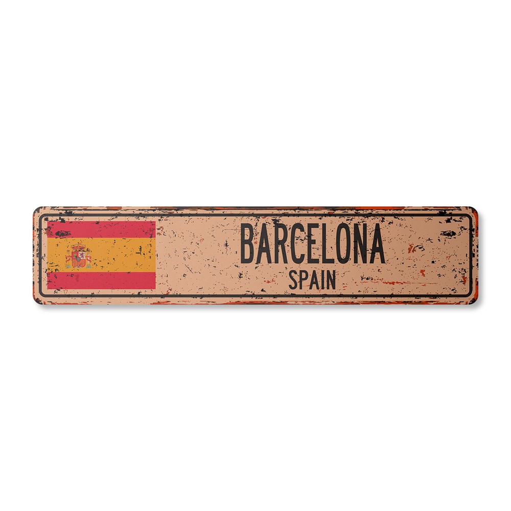 BARCELONA SPAIN Vintage Street Sign Spaniard flag city country road wall rustic