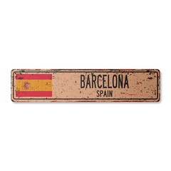 BARCELONA SPAIN Vintage Street Sign Spaniard flag city country road wall rustic