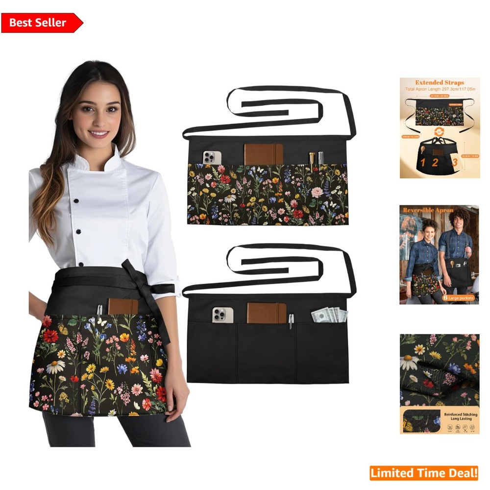 Stylish Reversible Server Apron, 6 Pockets Perfect for Restaurant Professionals