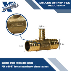 10 PIECES 1″ X 1″ X 1/2″ PEX TEE BRASS CRIMP FITTINGS – PEX B PIPE, LEAD FREE