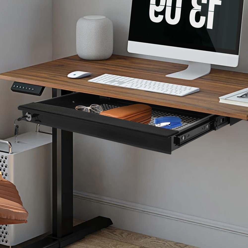 Under Desk Mounted Sliding Drawer Pull Out Tray for 17″ Laptop Metal with Lock