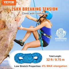 VEVOR 10.5 mm Static Climbing Rope 9.7M(32ft) Outdoor Rock Climbing Rope Blue