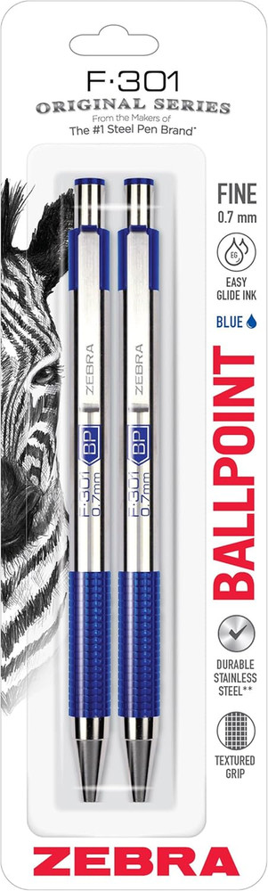 Zebra Pen F-301 Ballpoint Blue Ink Fine Point 0.7Mm Pen, Easy-Glide Ink, Stainle