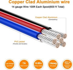 14 Gauge Wire 600FT, 14 AWG Auto 100ft Each Spool, 6 Colors Copper Clad Alumi…