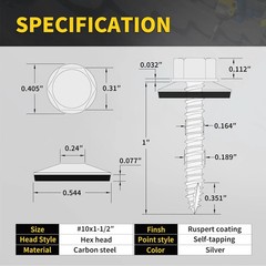 Metal Roofing Screws #10 x 1-1/2″ 300PCS Hex Head Rubber Washer Silver