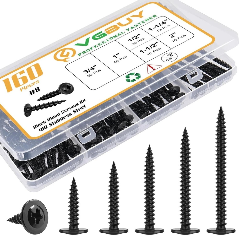 160Pcs #8 Modified Truss Head Wood Screws Assortment Kit, Stainless Steel 410 Qu