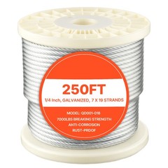 Uimoso Galvanized Carbon Steel Wire Rope 1/4 in 7×19, 250 ft Cable for Railing