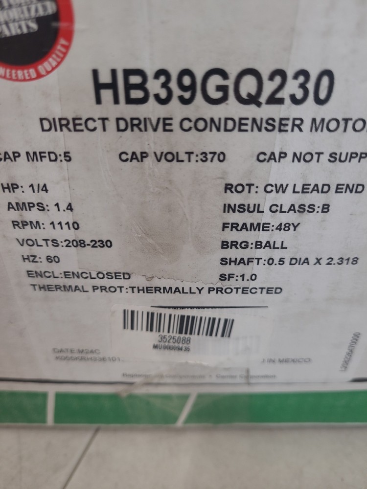 Carrier 1/4 HP Single Phase Condenser Motor Fan, 208-230V, HB39GQ230