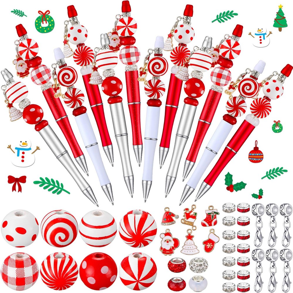 Fuutreo 12 Set 126 Pcs Christmas Beadable Pens Kit Silicone Plastic Wooden Be…