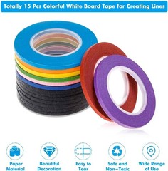 15 Rolls of Assorted Color Whiteboard Tape – 1/8 Inch Pinstripe Perfect for Art