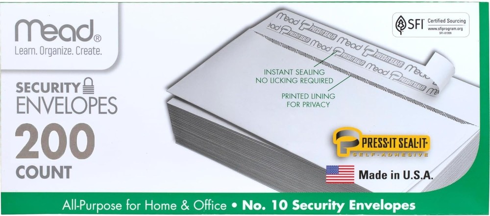 Mead #10 Security Envelopes 4.125″x9.5″, Peel & Seal Privacy Lined, 200 Count