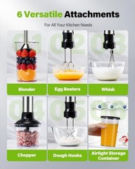 Scratch-Resistant 1000W Immersion Blender – 6 Attachments for All Cooking Needs