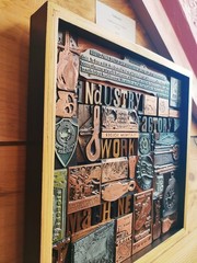 Industry Themed Vintage Letter Press Print Block Collage In Wood Frame