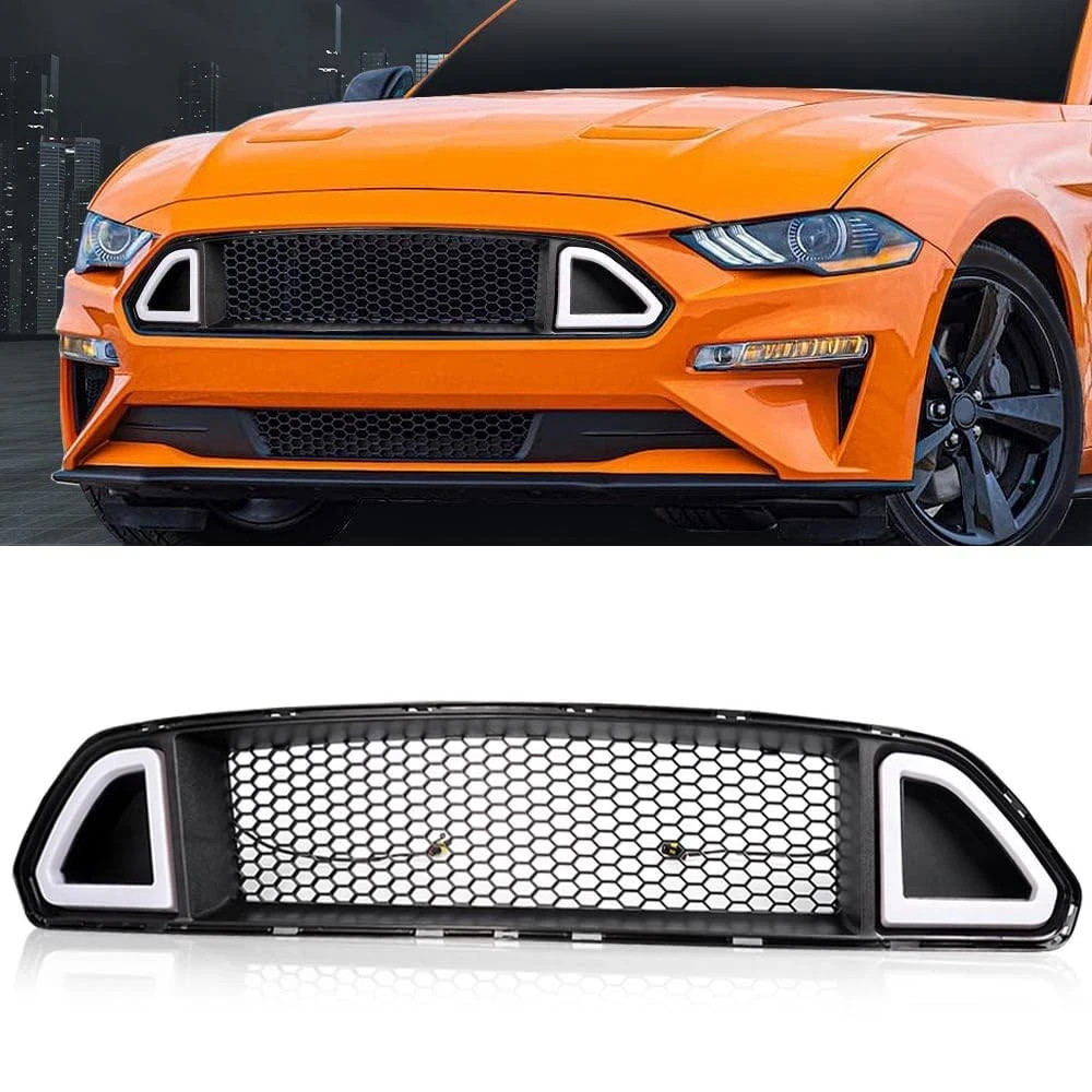 Front Hood Upper Grille with White DRL LED Light for Mustang 2015-2017