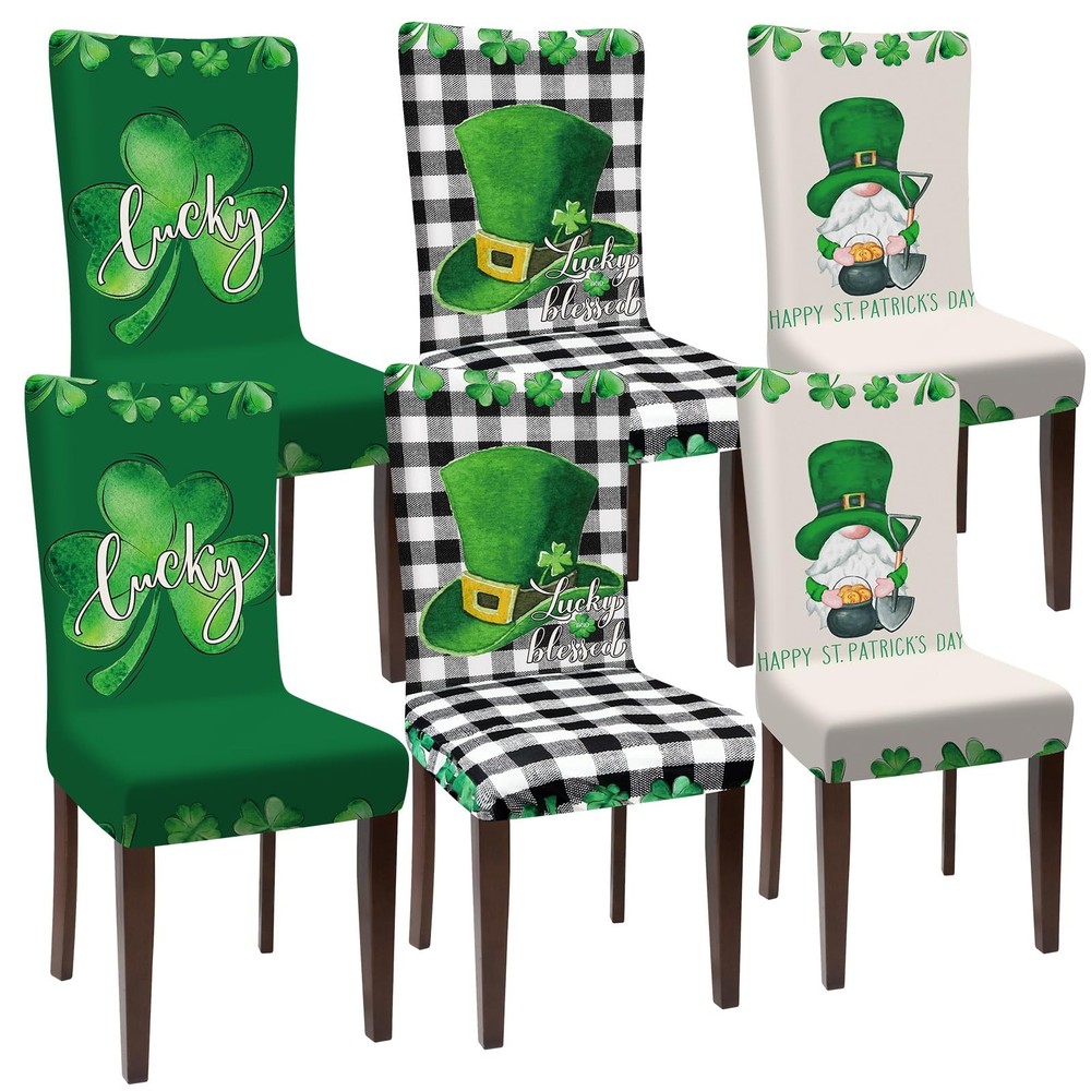 Dining Chair Cover, 6 Pcs St. Patrick’s Day, Shamrock Gnome, Plaid, Stretchable,