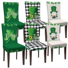 Dining Chair Cover, 6 Pcs St. Patrick’s Day, Shamrock Gnome, Plaid, Stretchable,