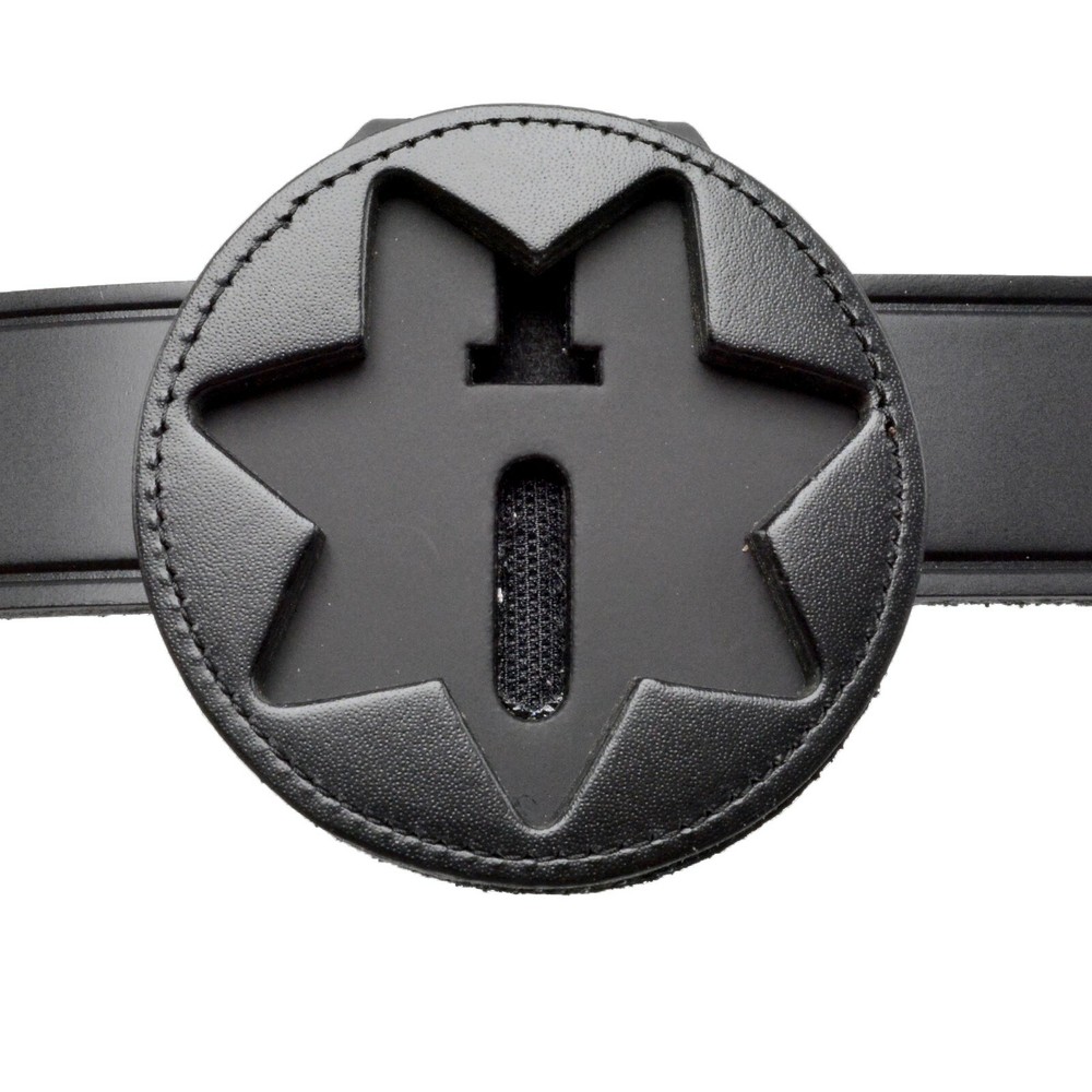 Double Thick 7 Point Star Badge Holder Clip On Neck Chain Black Leather Sheriff