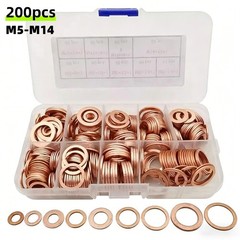 200PCS Assorted Crush Copper Gasket Seal Ring Hardware Set Metal Flat Washer