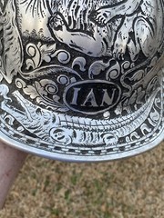 VINTAGE HAND ENGRAVED ALUMINUM McDONALD HARD HAT INDONESIA JUNGLE ANIMALS ART