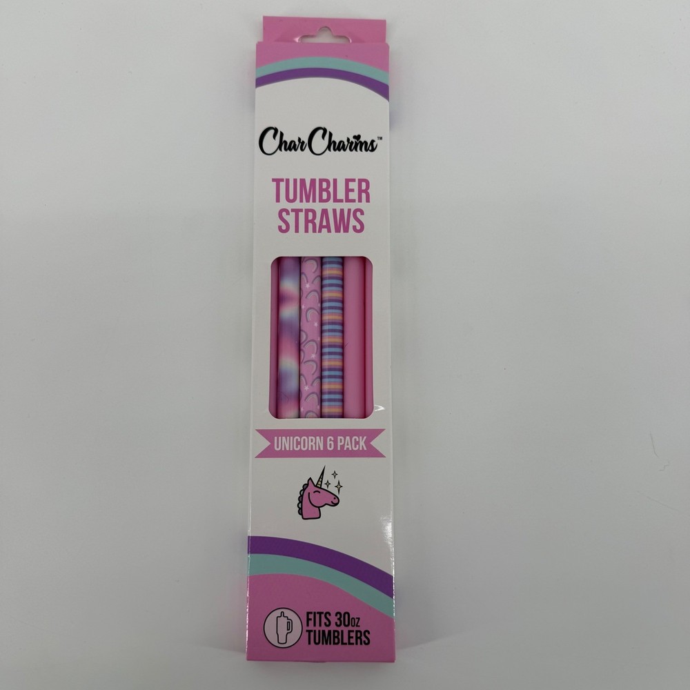 Char Charms Unicorn Tumbler Straws 6 Pack Reusable BPA Free Fits 30oz Tumblers