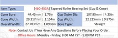 [Qty.2] 460-453A Tapered Roller Bearing Set [1-3/4″ ID x 4.25″ OD x 1.0938in W]