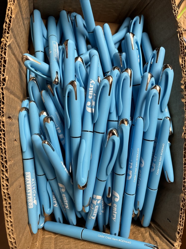 MISPRINT Sky Blue Gentry GEL Bulk Lot of 100 Capped Black Ink Pens Soft Touch