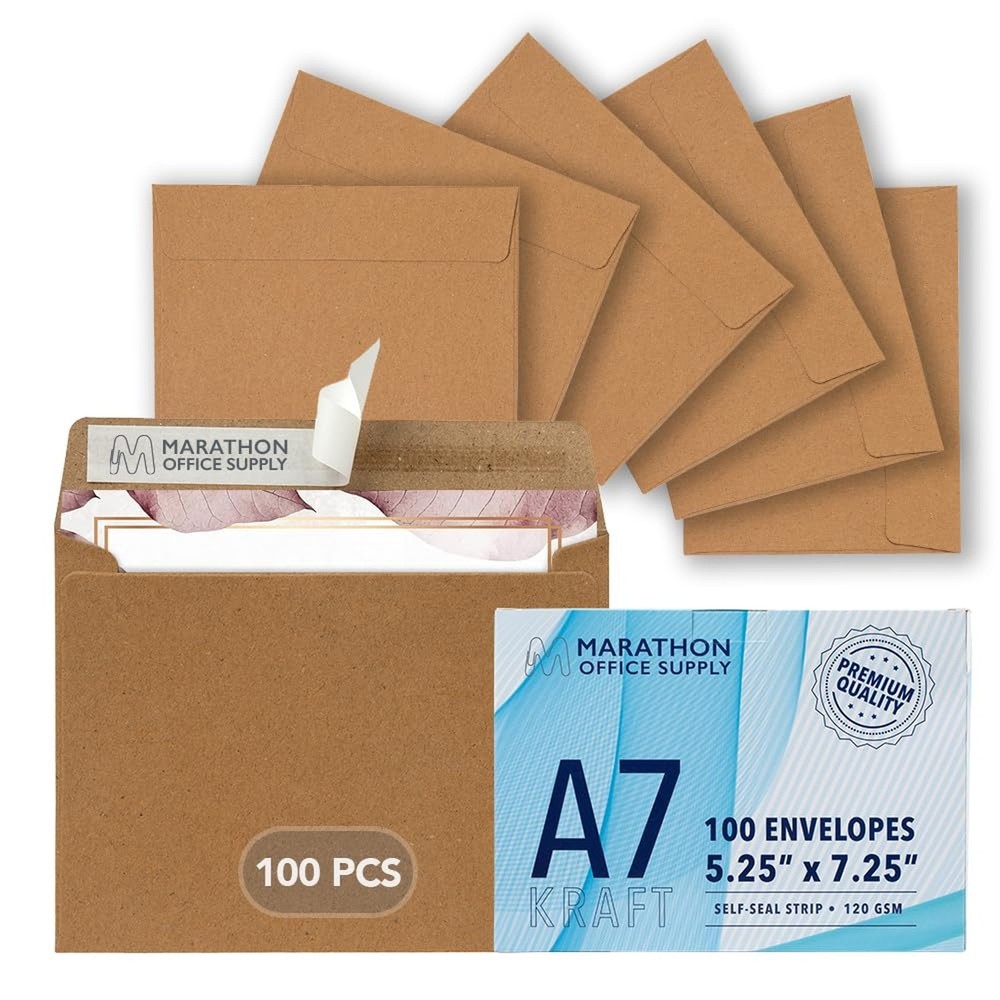 MOS A7 Kraft Envelopes 5.25 x 7.25 Inch 100 Pack — Brown Self-Seal Heavywe