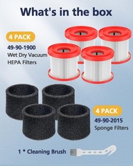 4 Pack 49-90-1900 Wet Dry Vacuum Filter Replacement 4 Pack, 1900 4+4