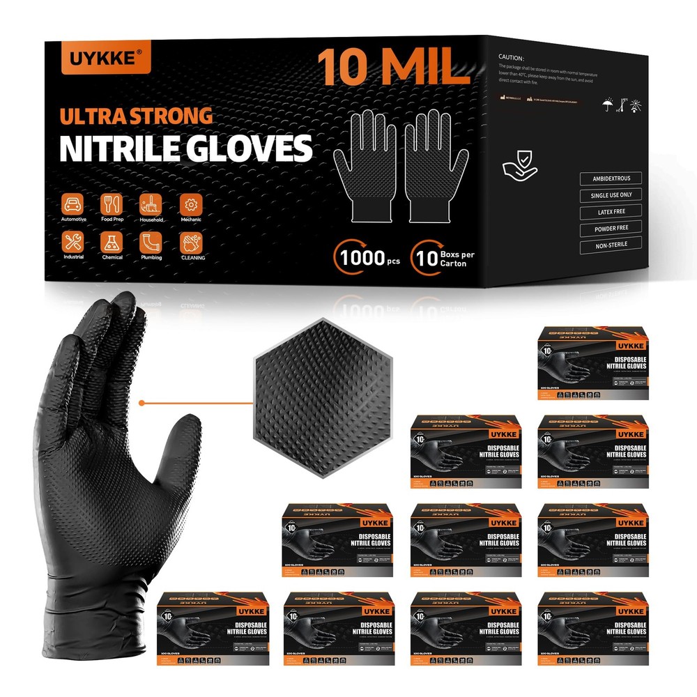 UYKKE 10mil Nitrile Gloves Thick,Industrial Disposable X-Large, Black-1000pcs