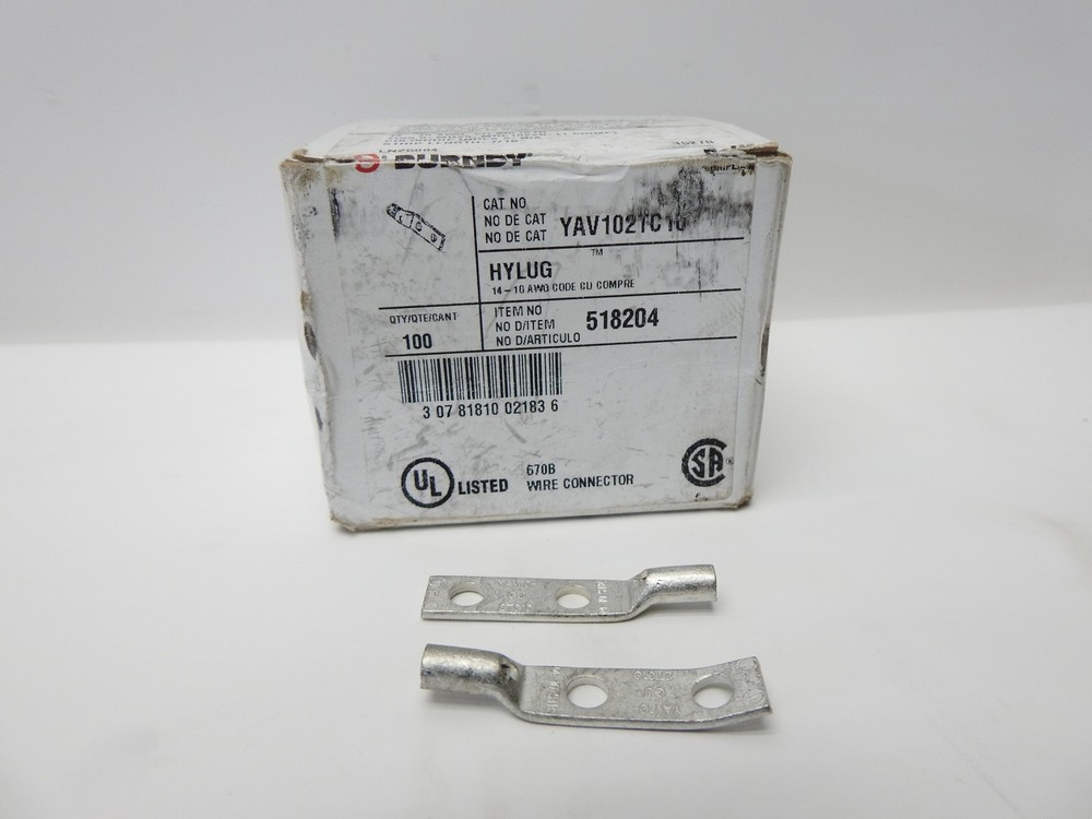 100/Box – Burndy YAV102TC10 Cu Compression Lugs 2-Hole #10 Stud 14-10AWG 518204