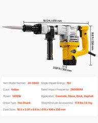 Demolition Jack Hammer Concrete Breaker 1400W Electric Hammer 2 Chisel Bit
