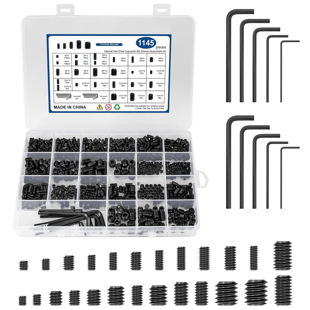 1145PCS 25 Sizes Metric & SAE Set Screw Assortment Kit12.9 Class Alloy Steel In