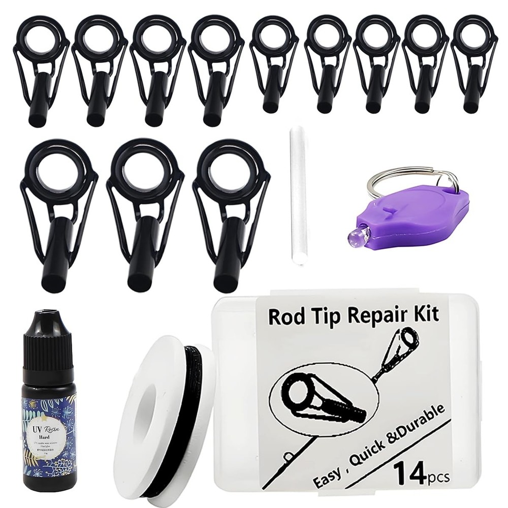 Fishing Rod Tip Repair Kit UV Glue 14 Sizes Eyelets Thread Complete Rod Repair