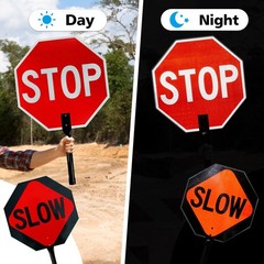 18×18 Inch Stop Slow Sign with Metal Handle Double Sided Reflective Traffic