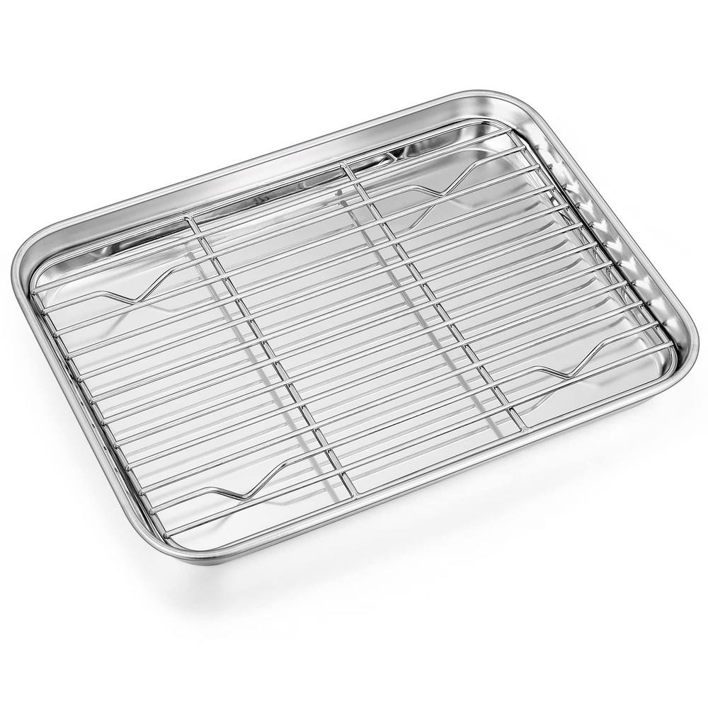 P&P CHEF 9 Inch Baking Sheet Pan with Rack Set, Stainless 9 Inch, Silver