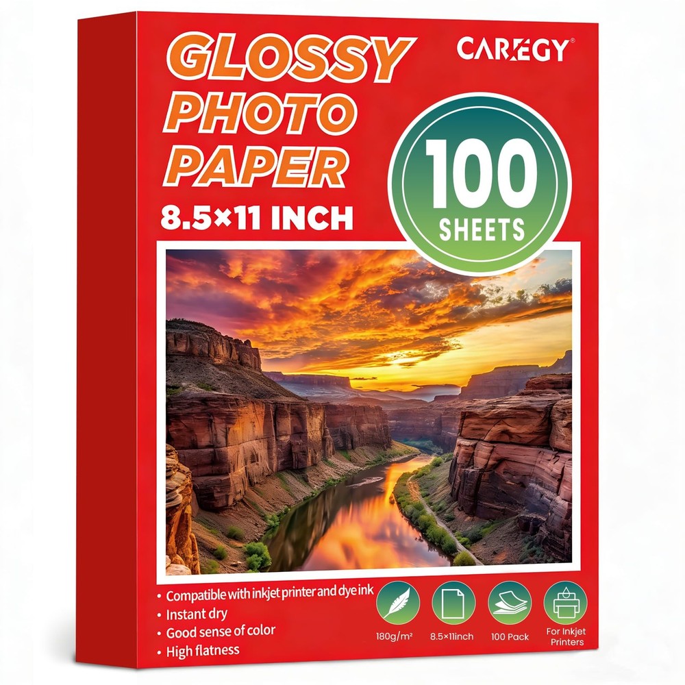 CAREGY 100 Sheets Glossy Photo Paper 8.5 x 11 Inches, Inkjet 100, white