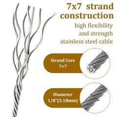 1/8″ Stainless Steel Cable 100ft Wire Rope Metal Cable with Loop Sleeve and S…