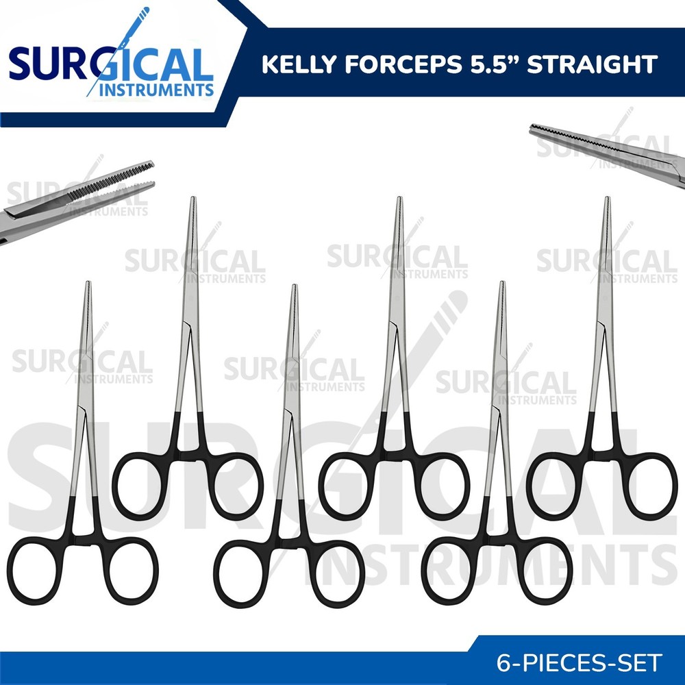 BLACK – 6 Pcs Kelly Hemostat Forceps 5.5″ Straight Surgical Dental German Grade