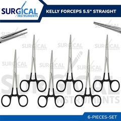 BLACK – 6 Pcs Kelly Hemostat Forceps 5.5″ Straight Surgical Dental German Grade