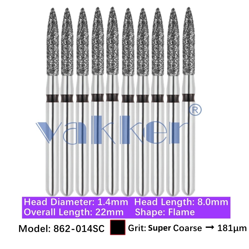 10/Pk Dental Flame Diamond Burs 862-014SC FG Super Coarse Grit Friction Grip