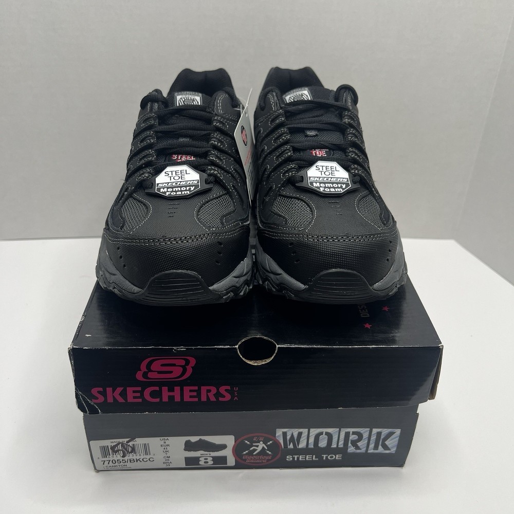 Skechers Work Cankton Men’s 8 Steel Toe Memory Foam Black Charcoal New