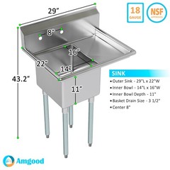 29 in. x 22 in. Stainless Steel Sink. 16 in. x 14 in. Bowl and Right Drainboard